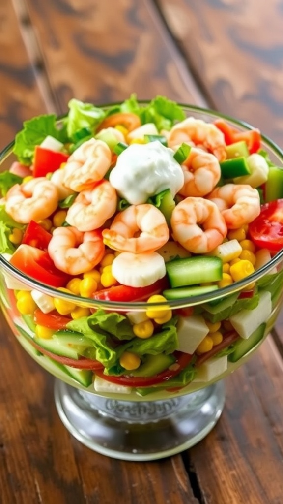 A vibrant 7-layer shrimp salad in a glass bowl with various fresh vegetables and shrimp, topped with creamy dressing.